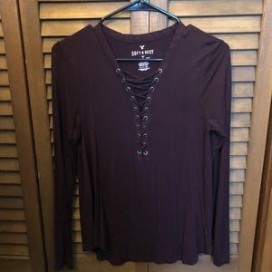 Burgundy long sleeve lace up American Eagle shirt
